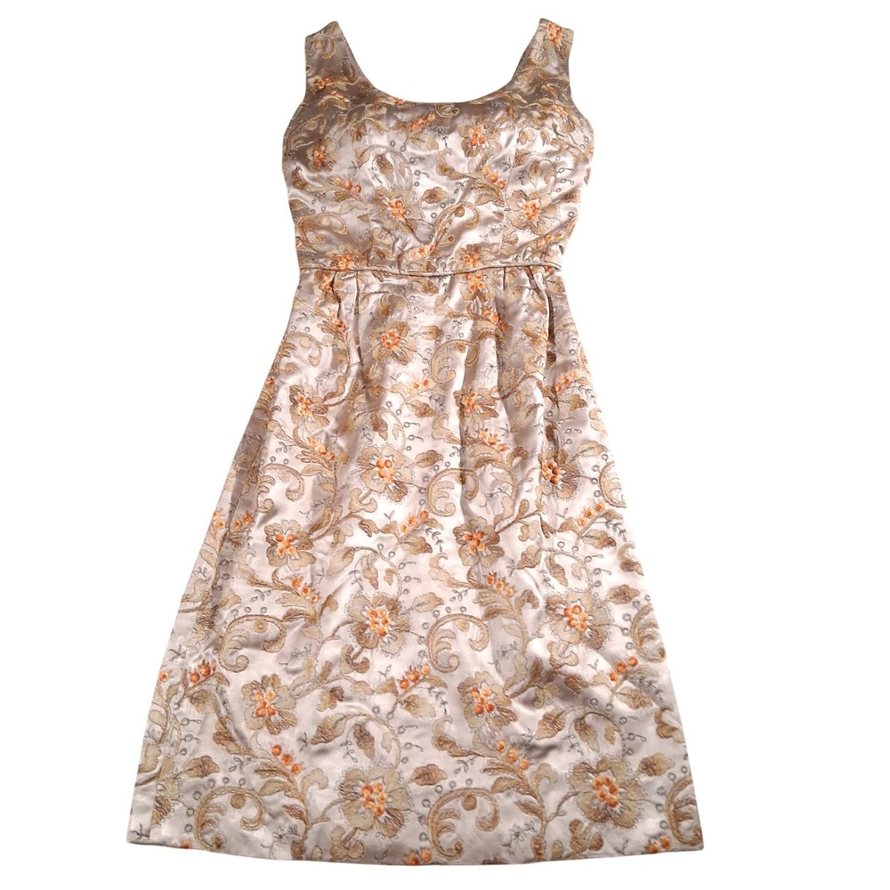 VTG Champagne Floral Embroidered Satin Cocktail Dress Gold Orange Mid-Century SM